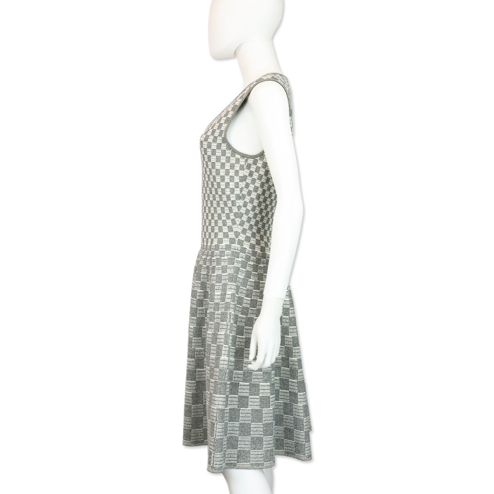 Alexander McQueen White/Black Checkered Knit V-Neck Dress