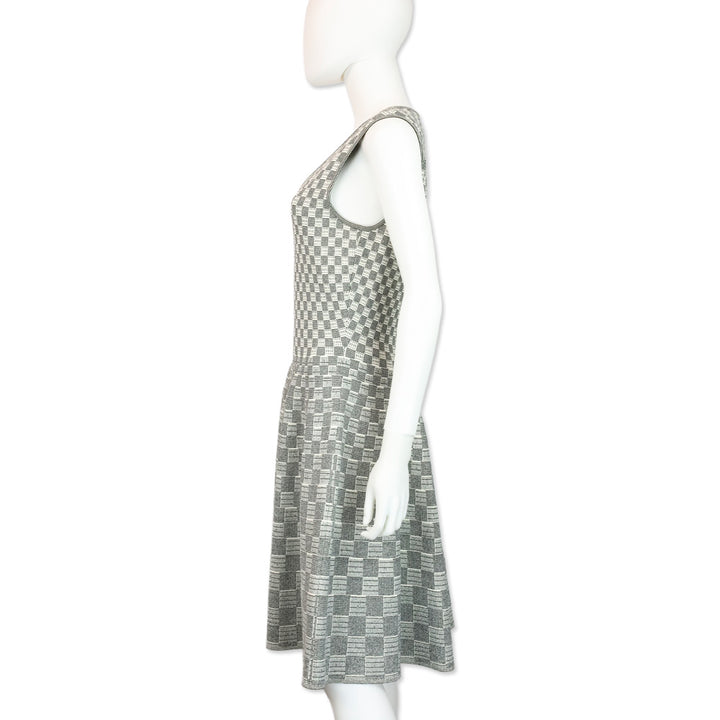Alexander McQueen White/Black Checkered Knit V-Neck Dress