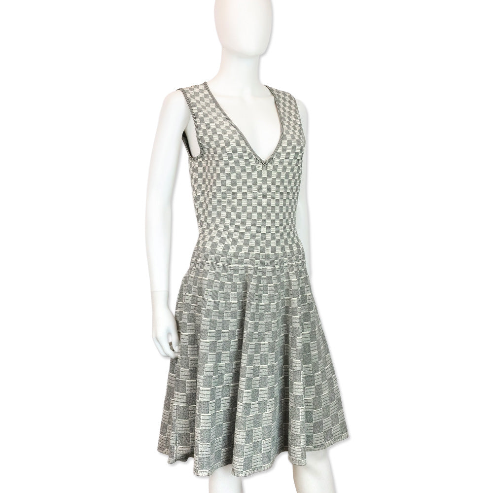 Alexander McQueen White/Black Checkered Knit V-Neck Dress