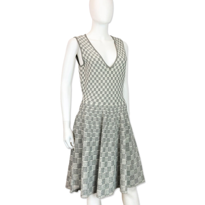 Alexander McQueen White/Black Checkered Knit V-Neck Dress
