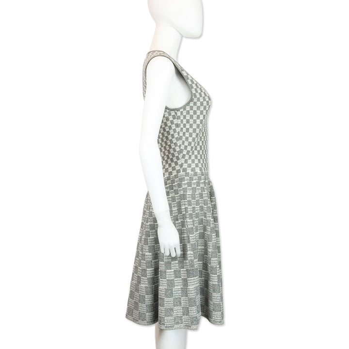 Alexander McQueen White/Black Checkered Knit V-Neck Dress
