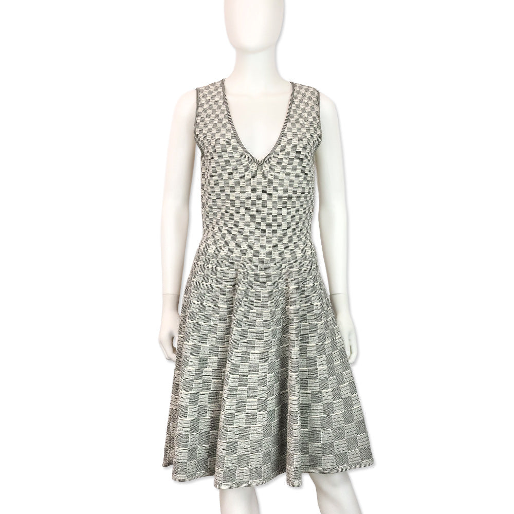 Alexander McQueen White/Black Checkered Knit V-Neck Dress