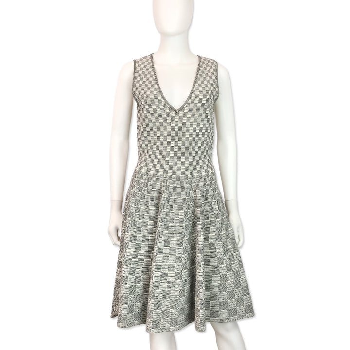 Alexander McQueen White/Black Checkered Knit V-Neck Dress