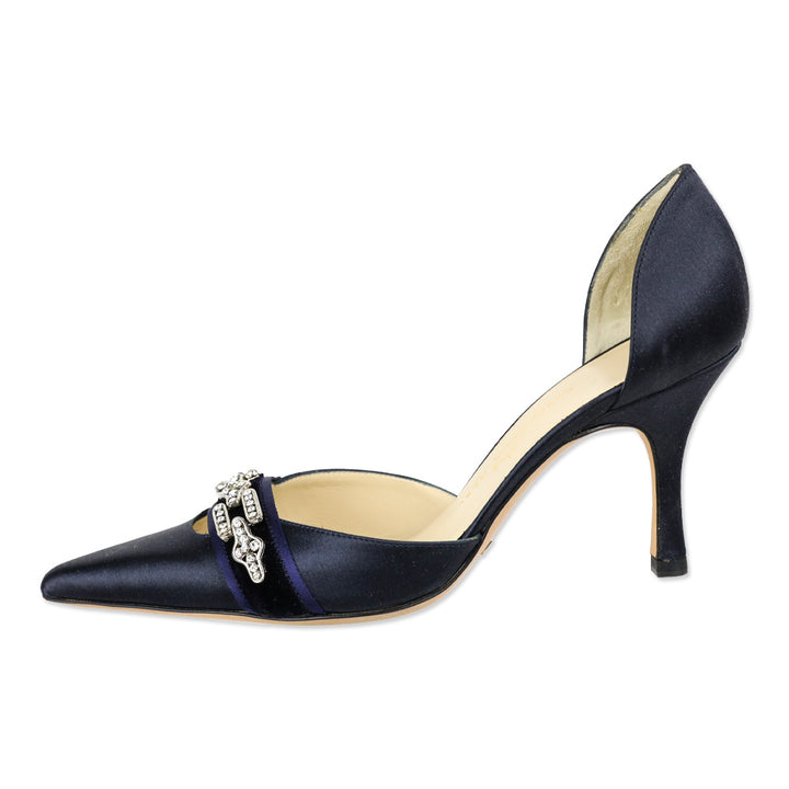 Alexander Neel Navy Silk D'Orsay Evening Pump with Velvet Crystal Accent