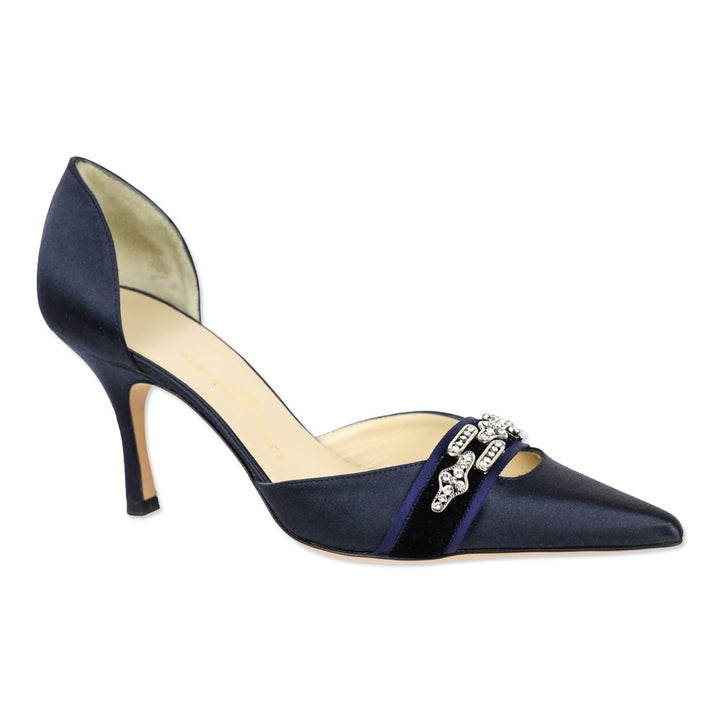 Alexander Neel Navy Silk D'Orsay Evening Pump with Velvet Crystal Accent