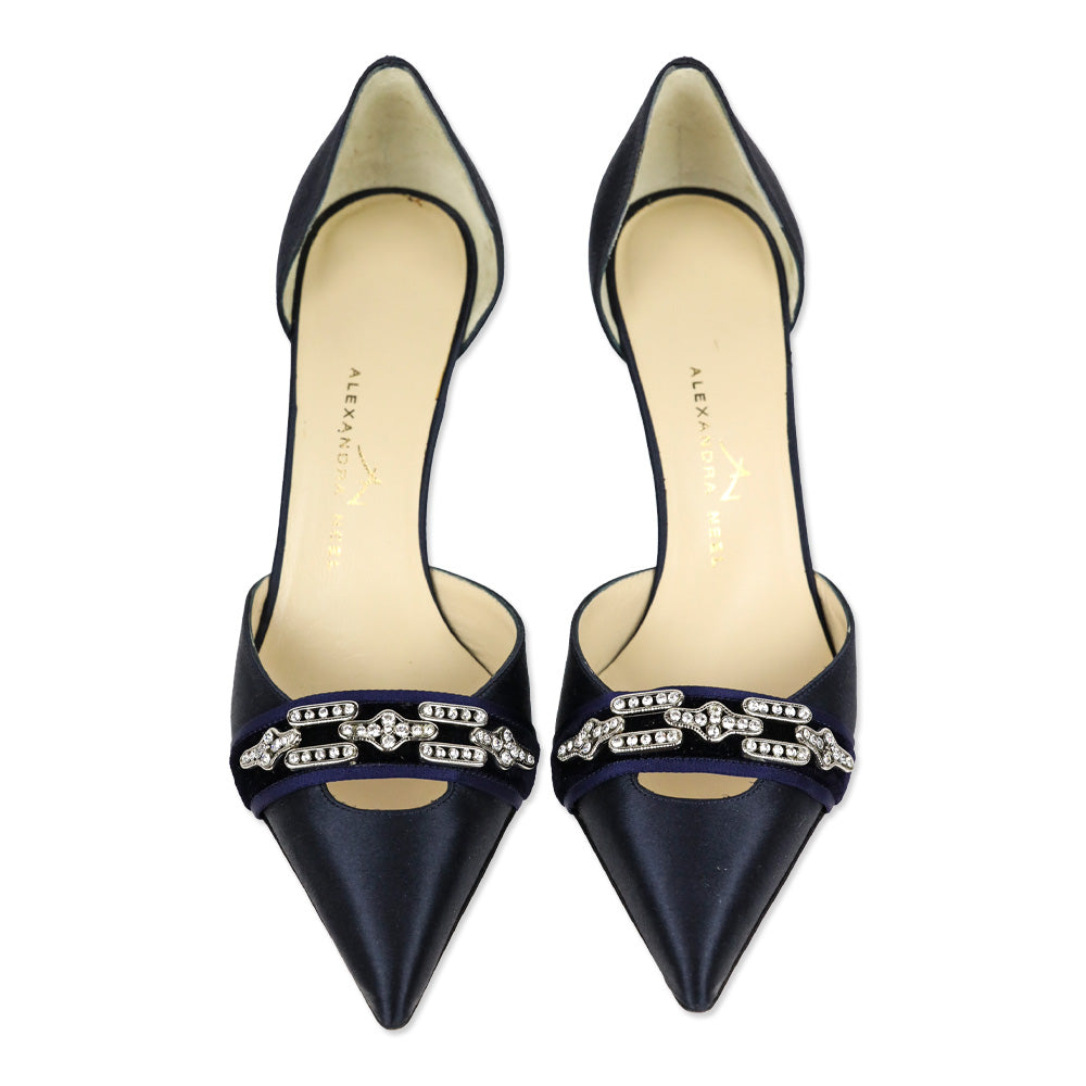 Alexander Neel Navy Silk D'Orsay Evening Pump with Velvet Crystal Accent