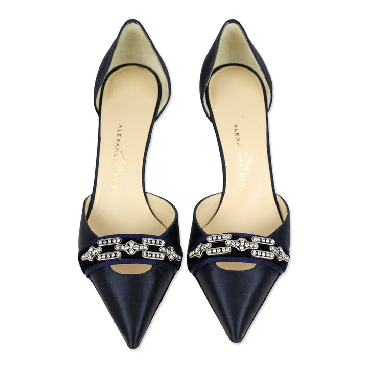 Alexander Neel Navy Silk D'Orsay Evening Pump with Velvet Crystal Accent