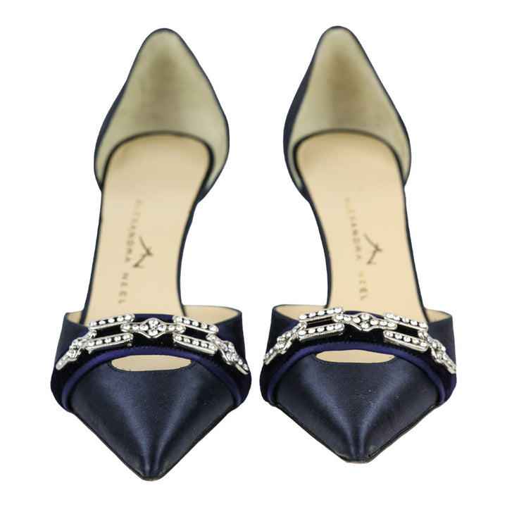 Alexander Neel Navy Silk D'Orsay Evening Pump with Velvet Crystal Accent