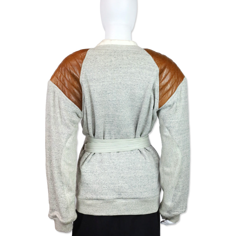 Alexander Wang Heather Grey Belt Wrap Top with Brown Leather Shoulders