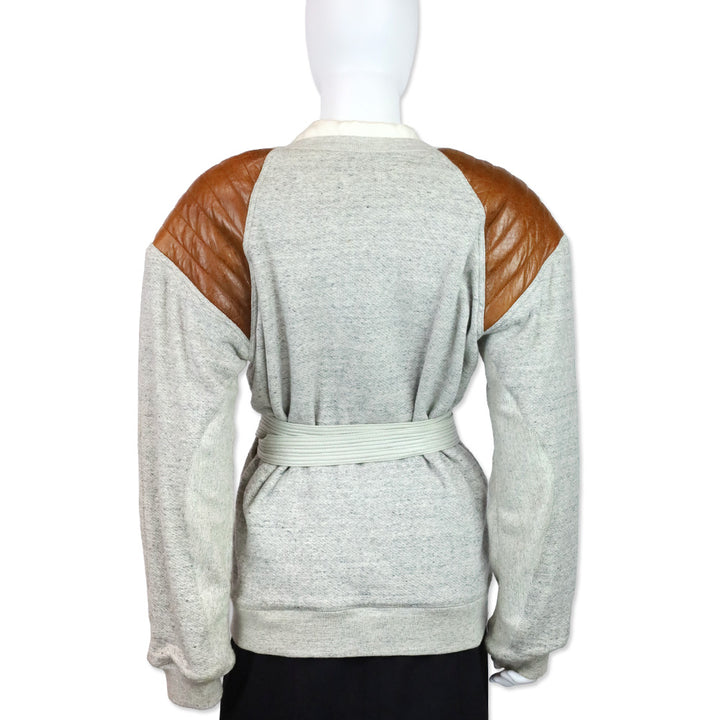 Alexander Wang Heather Grey Belt Wrap Top with Brown Leather Shoulders