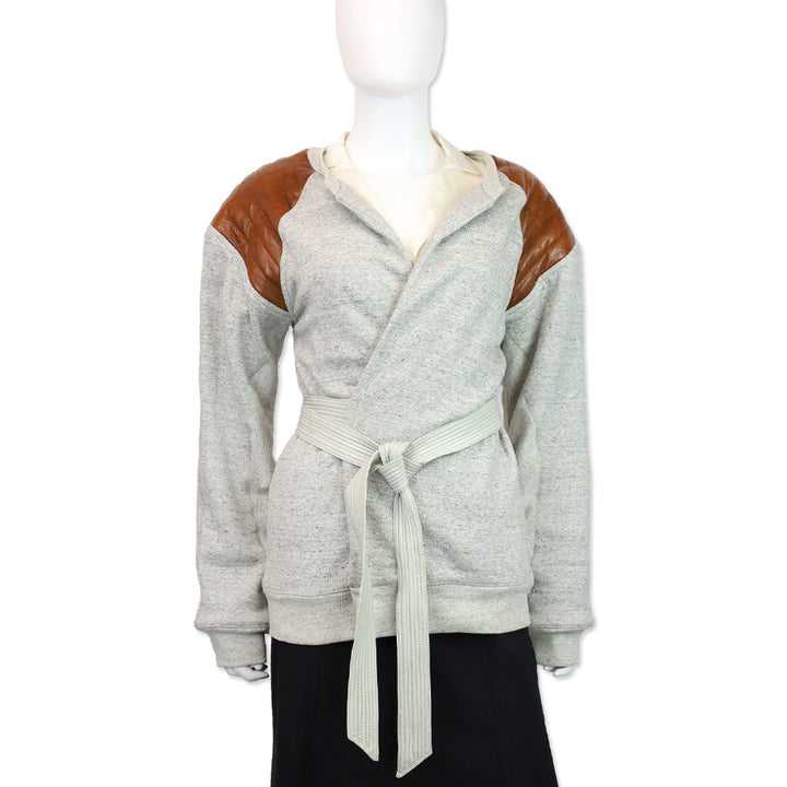 Alexander Wang Heather Grey Belt Wrap Top with Brown Leather Shoulders