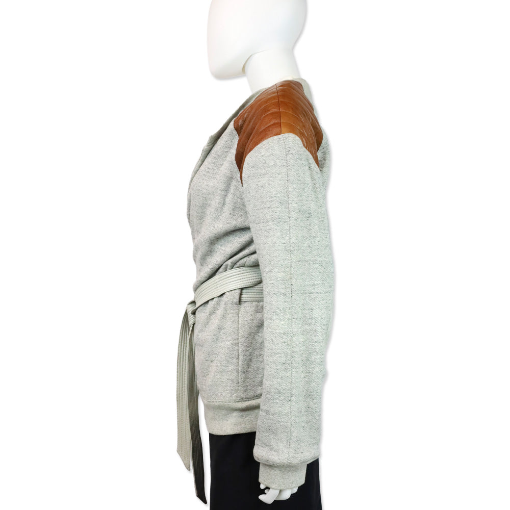 Alexander Wang Heather Grey Belt Wrap Top with Brown Leather Shoulders