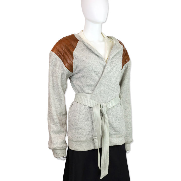 Alexander Wang Heather Grey Belt Wrap Top with Brown Leather Shoulders