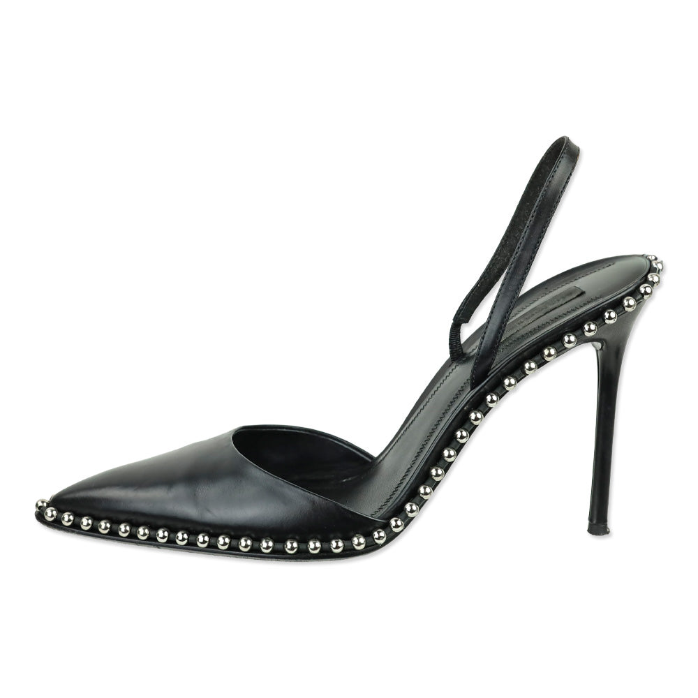 Alexander Wang Rina Black Leather Ball Chain Trim Slingback Pumps