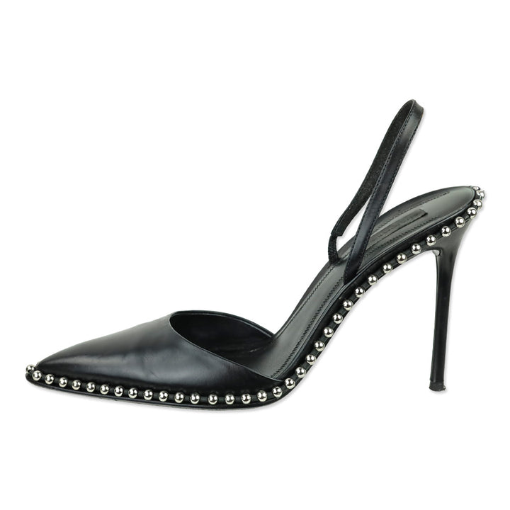 Alexander Wang Rina Black Leather Ball Chain Trim Slingback Pumps