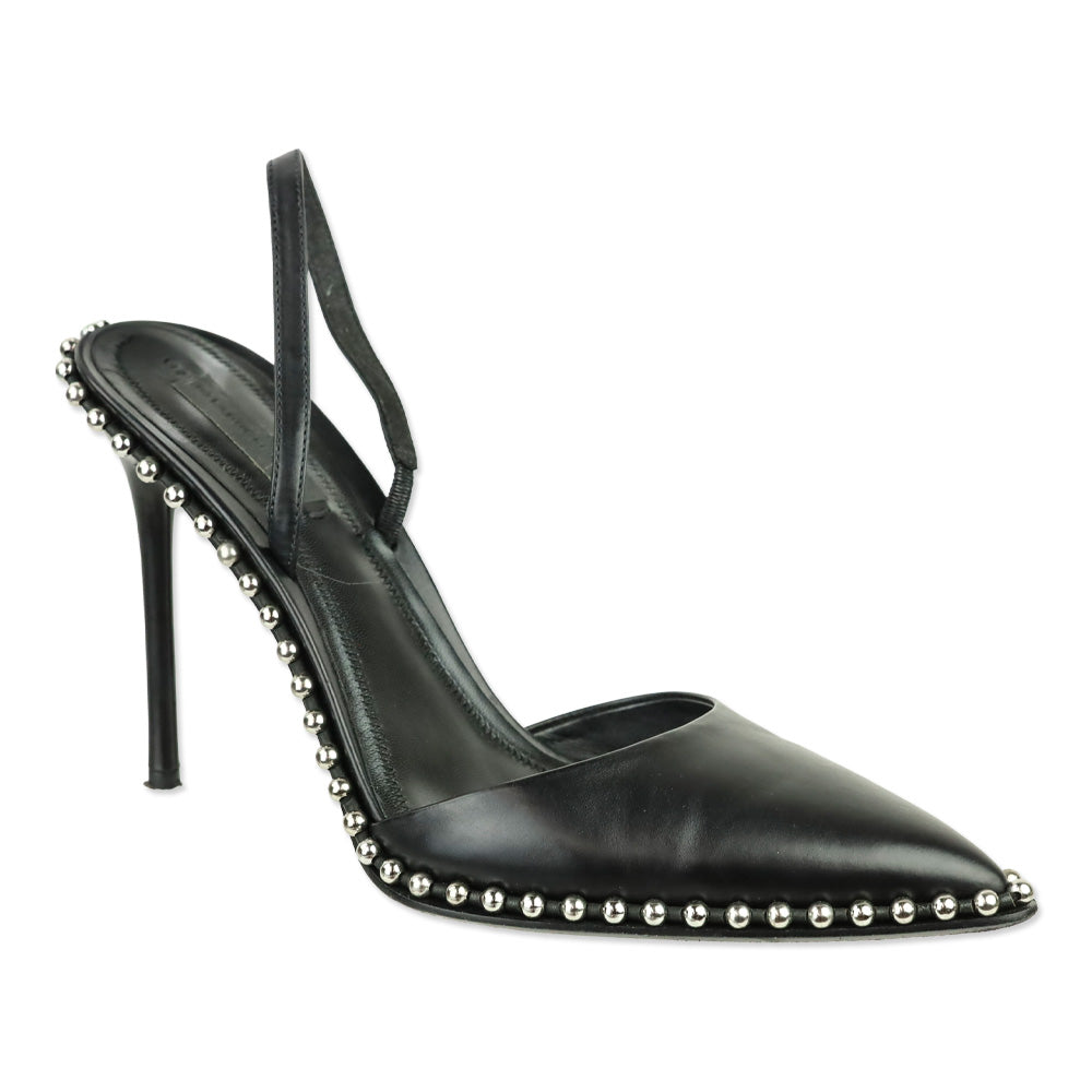 Alexander Wang Rina Black Leather Ball Chain Trim Slingback Pumps