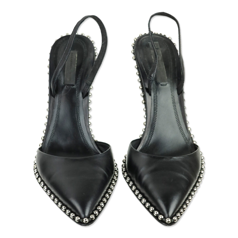 Alexander Wang Rina Black Leather Ball Chain Trim Slingback Pumps