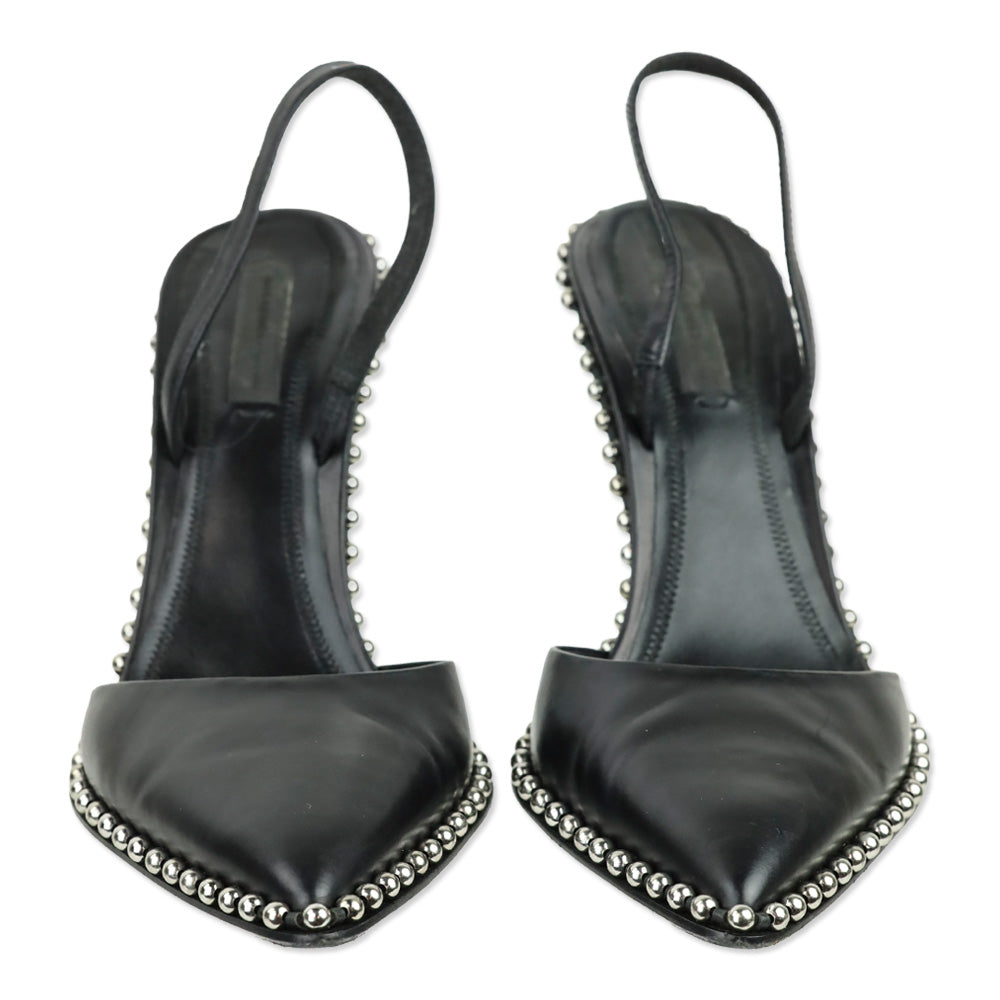 Alexander Wang Rina Black Leather Ball Chain Trim Slingback Pumps