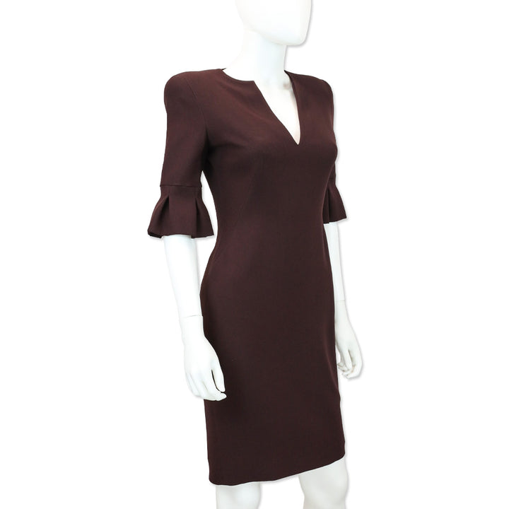 Alexander McQueen Burgundy V-Neck Tulip Sleeve Sheath Dress
