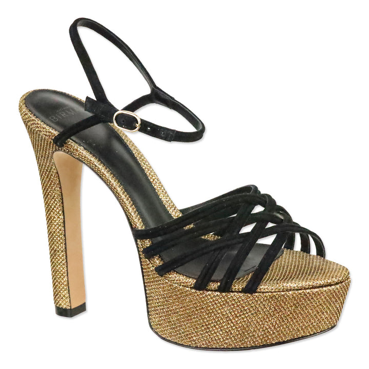 Alexandre Birman Black Suede Berthe Metallic Gold Platform Sandal