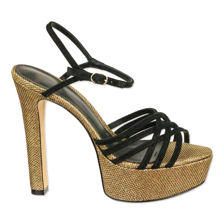 Alexandre Birman Black Suede Berthe Metallic Gold Platform Sandal