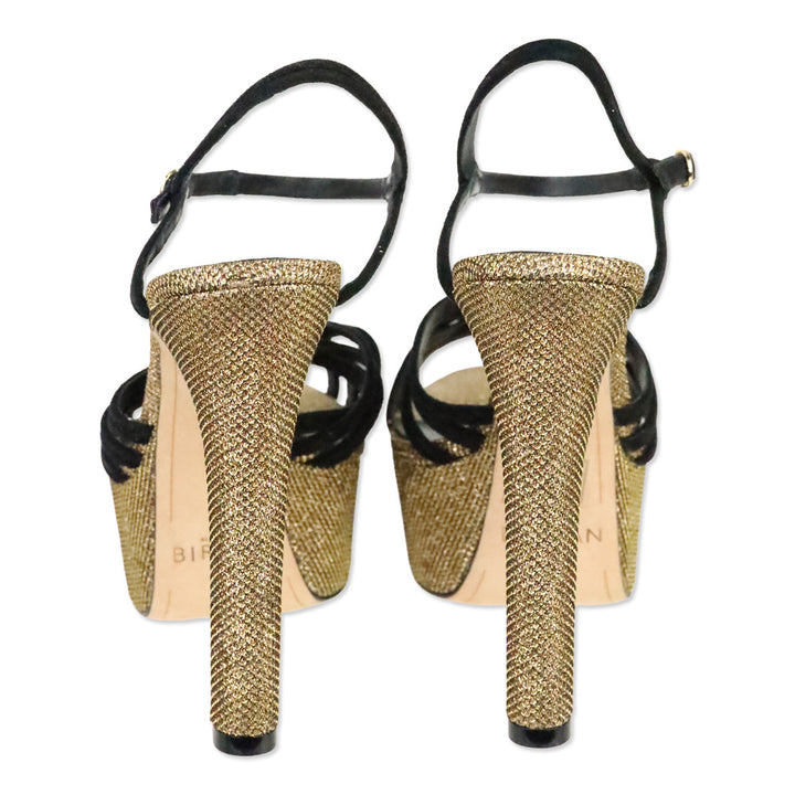 Alexandre Birman Black Suede Berthe Metallic Gold Platform Sandal