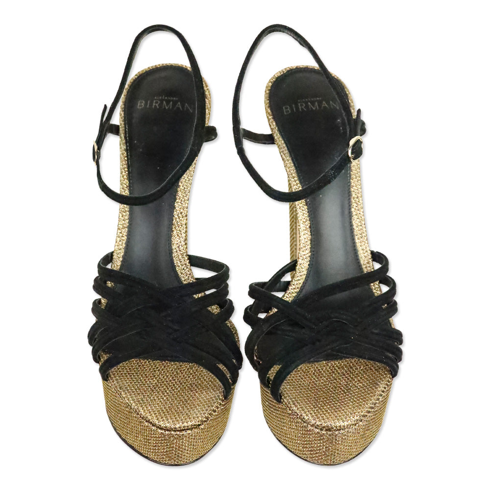 Alexandre Birman Black Suede Berthe Metallic Gold Platform Sandal