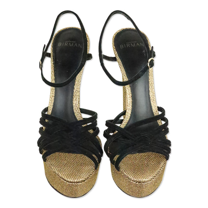 Alexandre Birman Black Suede Berthe Metallic Gold Platform Sandal