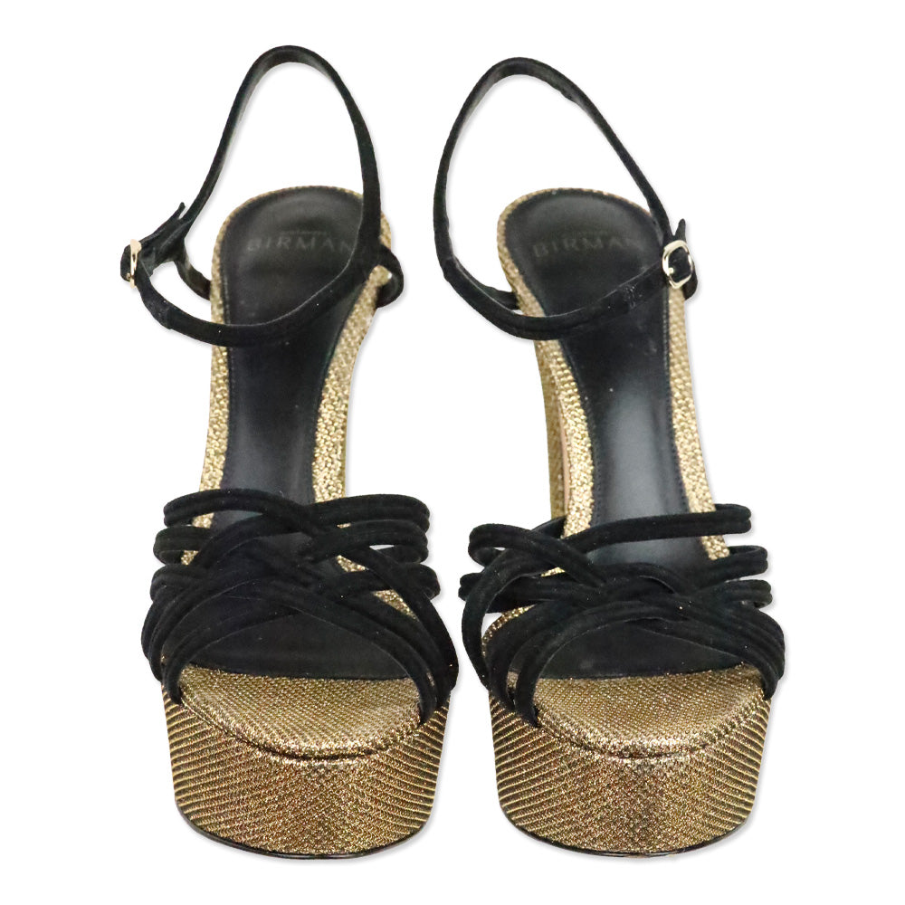 Alexandre Birman Black Suede Berthe Metallic Gold Platform Sandal