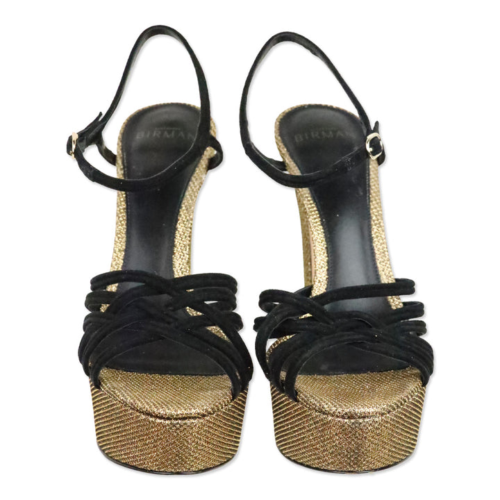 Alexandre Birman Black Suede Berthe Metallic Gold Platform Sandal