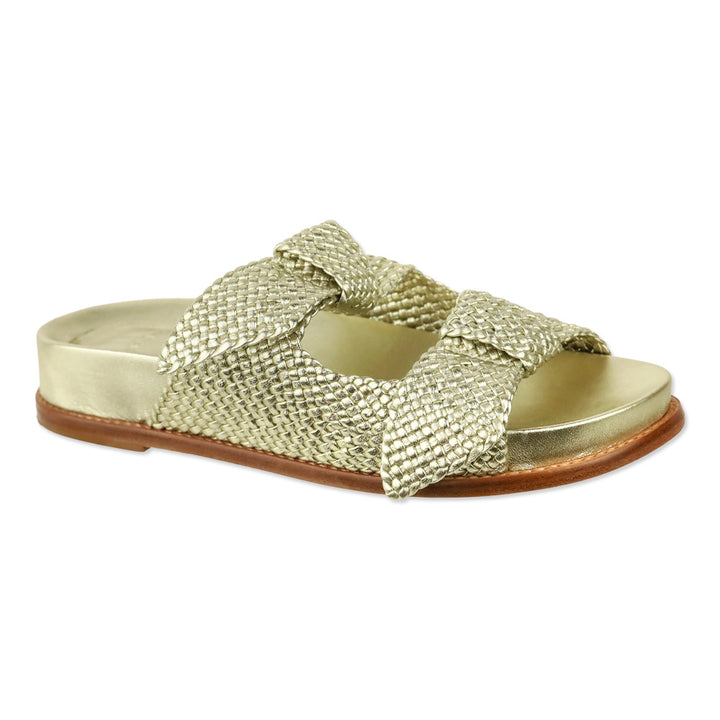 Alexandre Birman Clarita Gold Metallic Woven Leather Dual Strap Sandals