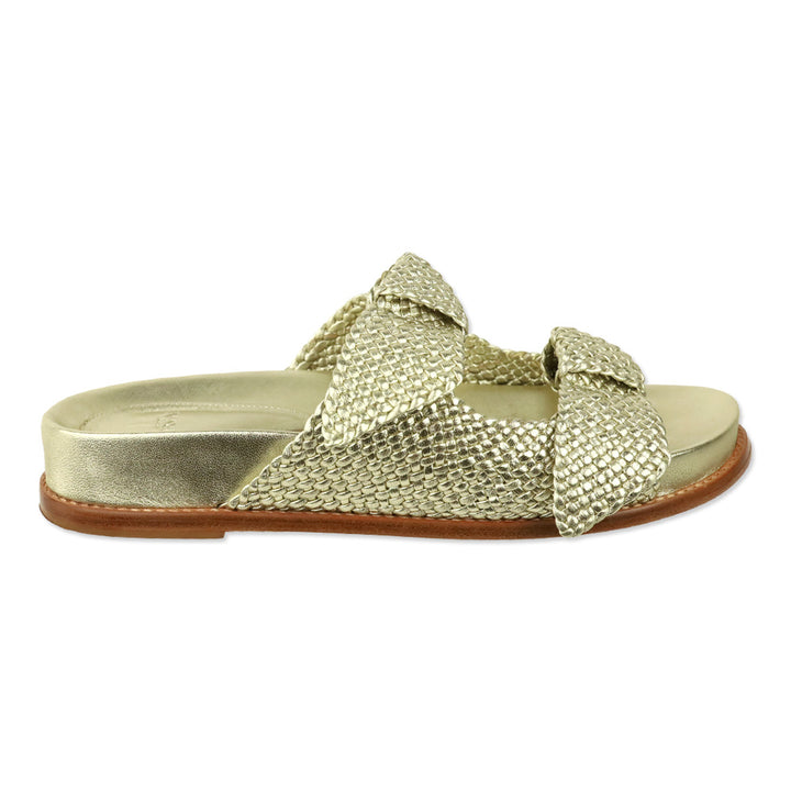 Alexandre Birman Clarita Gold Metallic Woven Leather Dual Strap Sandals