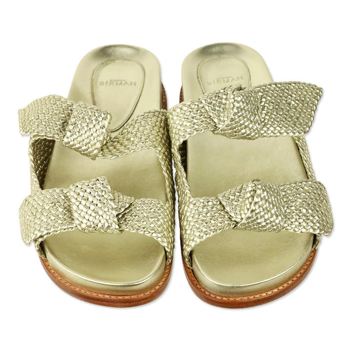 Alexandre Birman Clarita Gold Metallic Woven Leather Dual Strap Sandals