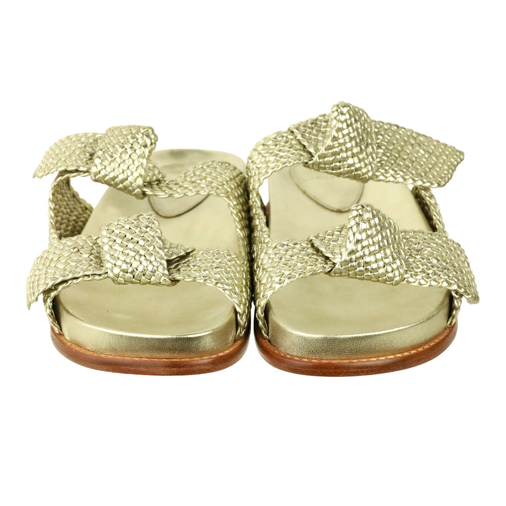 Alexandre Birman Clarita Gold Metallic Woven Leather Dual Strap Sandals