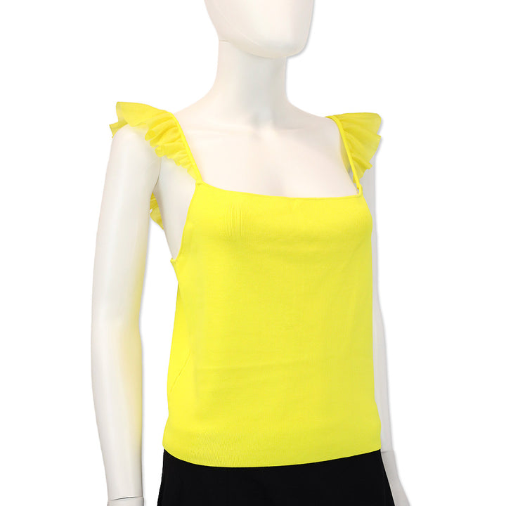 Alice + Olivia By Stacey Bendet Marg Citrus Yellow Ribbed Knit Cropped Ruffle Tank Top