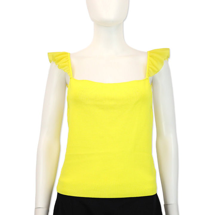 Alice + Olivia By Stacey Bendet Marg Citrus Yellow Ribbed Knit Cropped Ruffle Tank Top