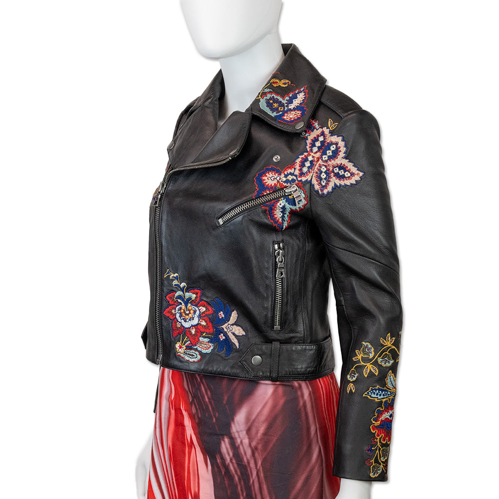 Alice + Olivia Floral Embroidered Black Leather Moto Jacket