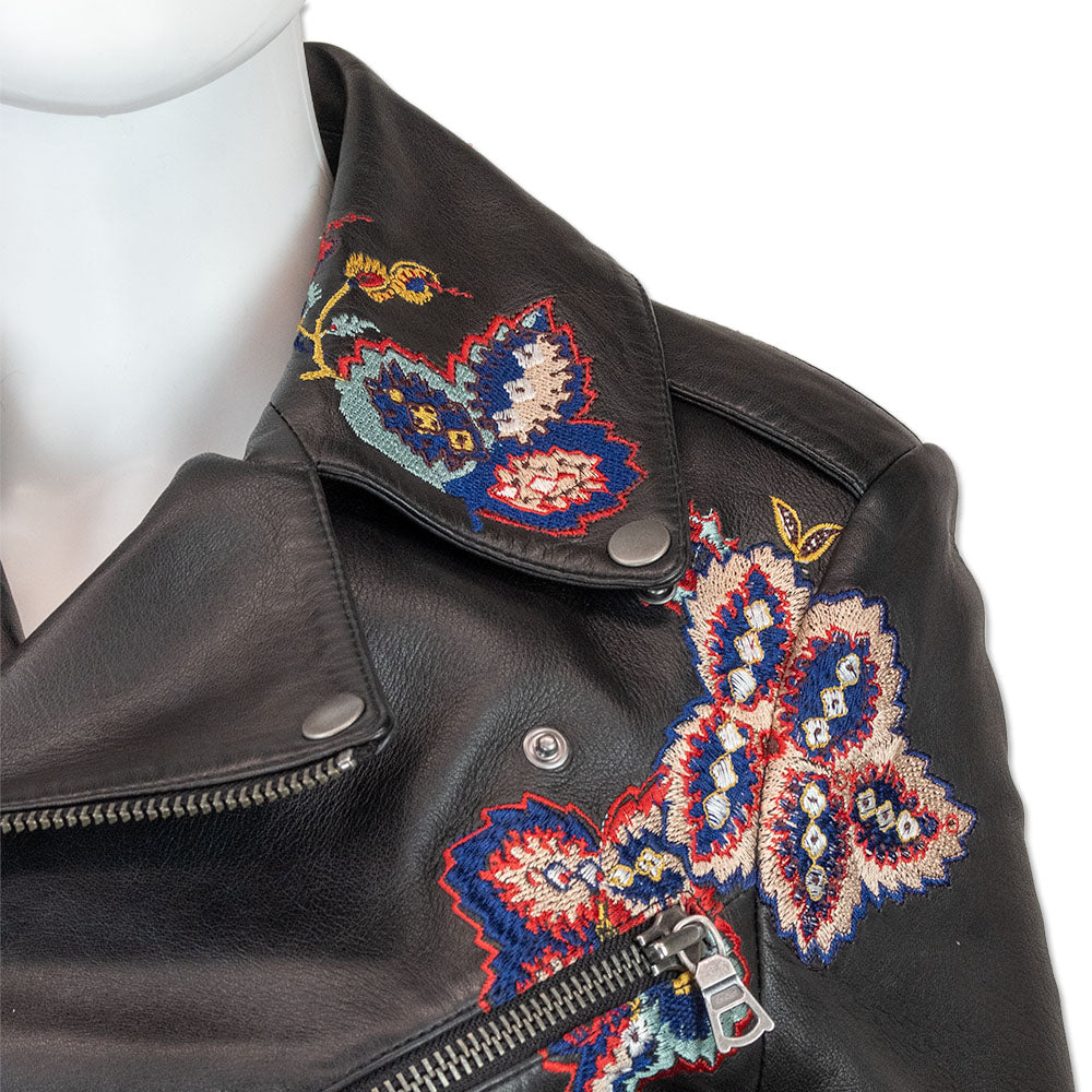 Alice + Olivia Floral Embroidered Black Leather Moto Jacket