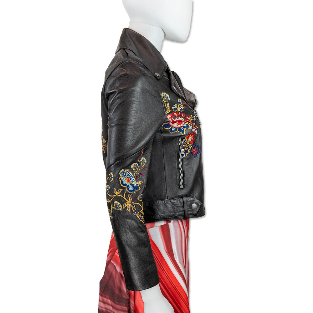 Alice + Olivia Floral Embroidered Black Leather Moto Jacket