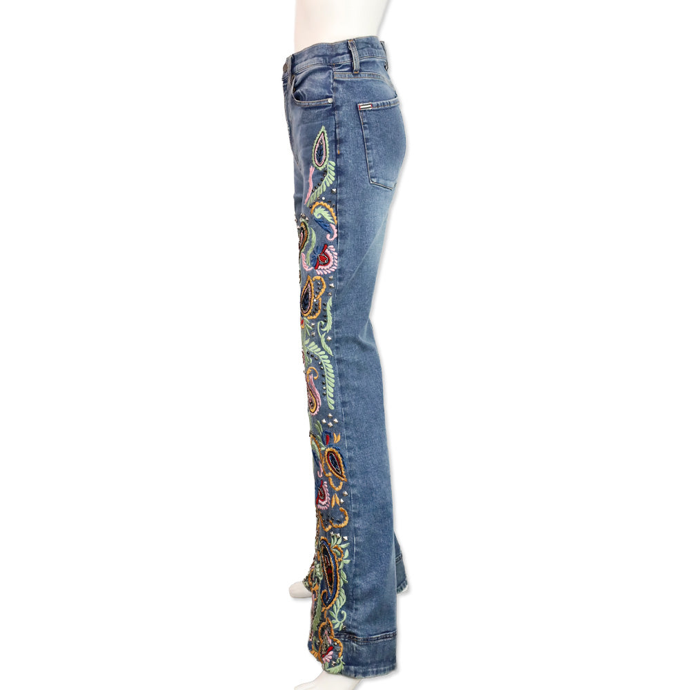 Alice + Olivia Indigo Nights/Multi Paisley Embroidered & Studded Bell Bottom Jeans