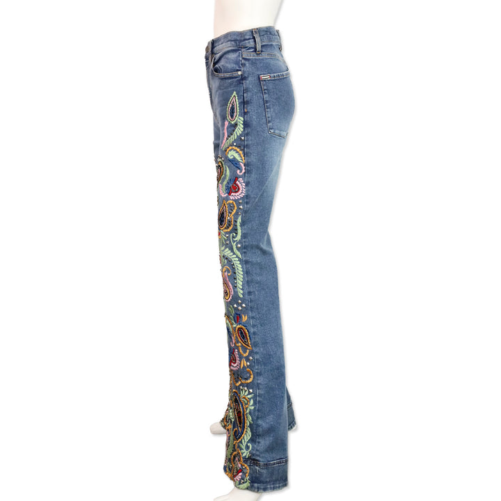 Alice + Olivia Indigo Nights/Multi Paisley Embroidered & Studded Bell Bottom Jeans