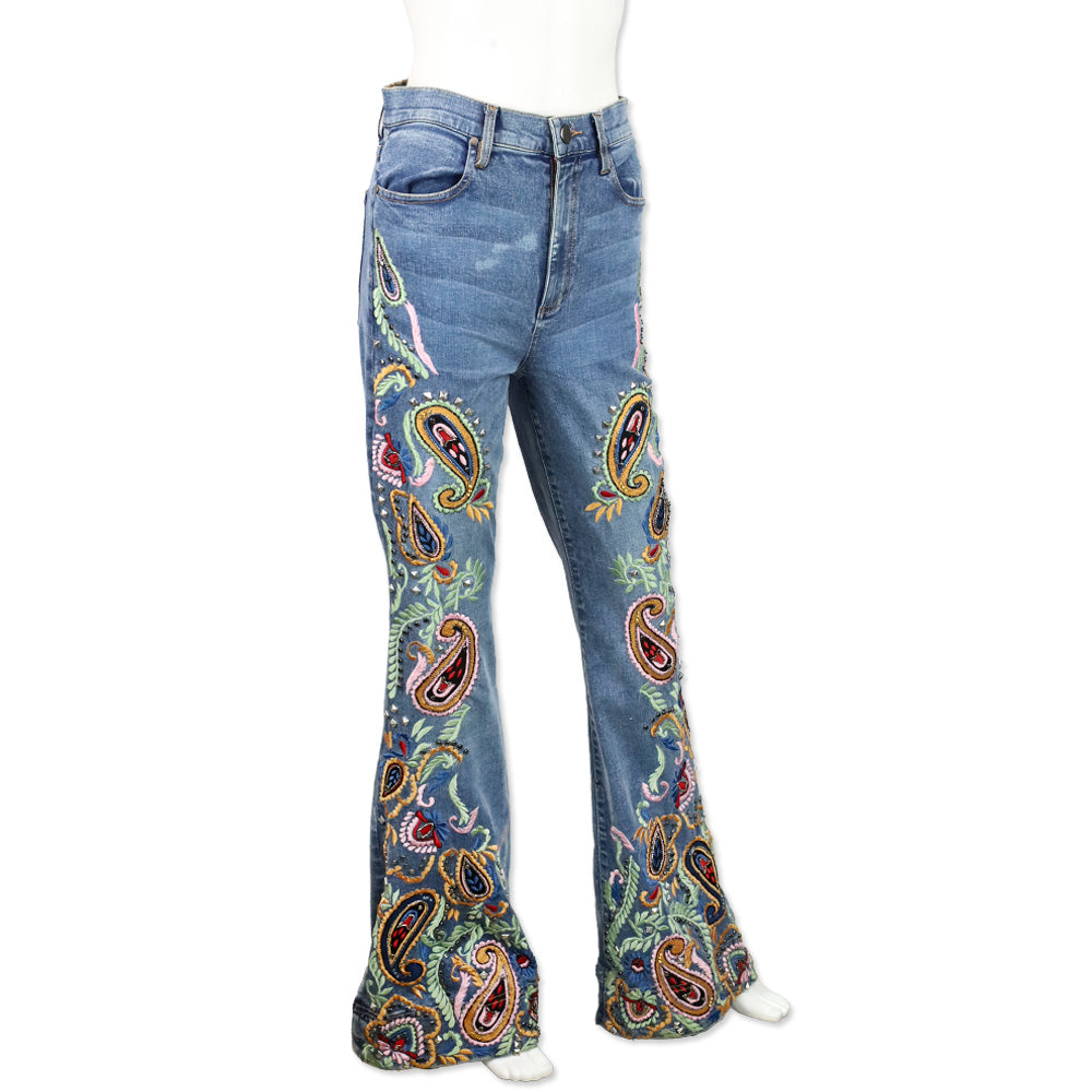 Alice + Olivia Indigo Nights/Multi Paisley Embroidered & Studded Bell Bottom Jeans