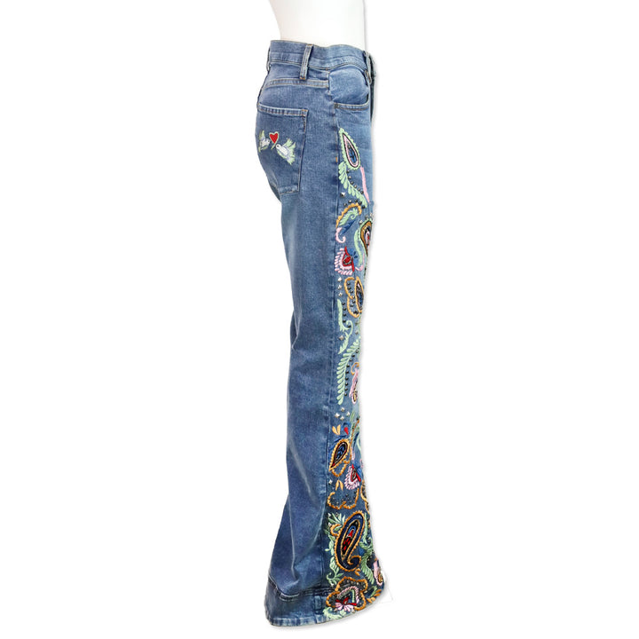 Alice + Olivia Indigo Nights/Multi Paisley Embroidered & Studded Bell Bottom Jeans