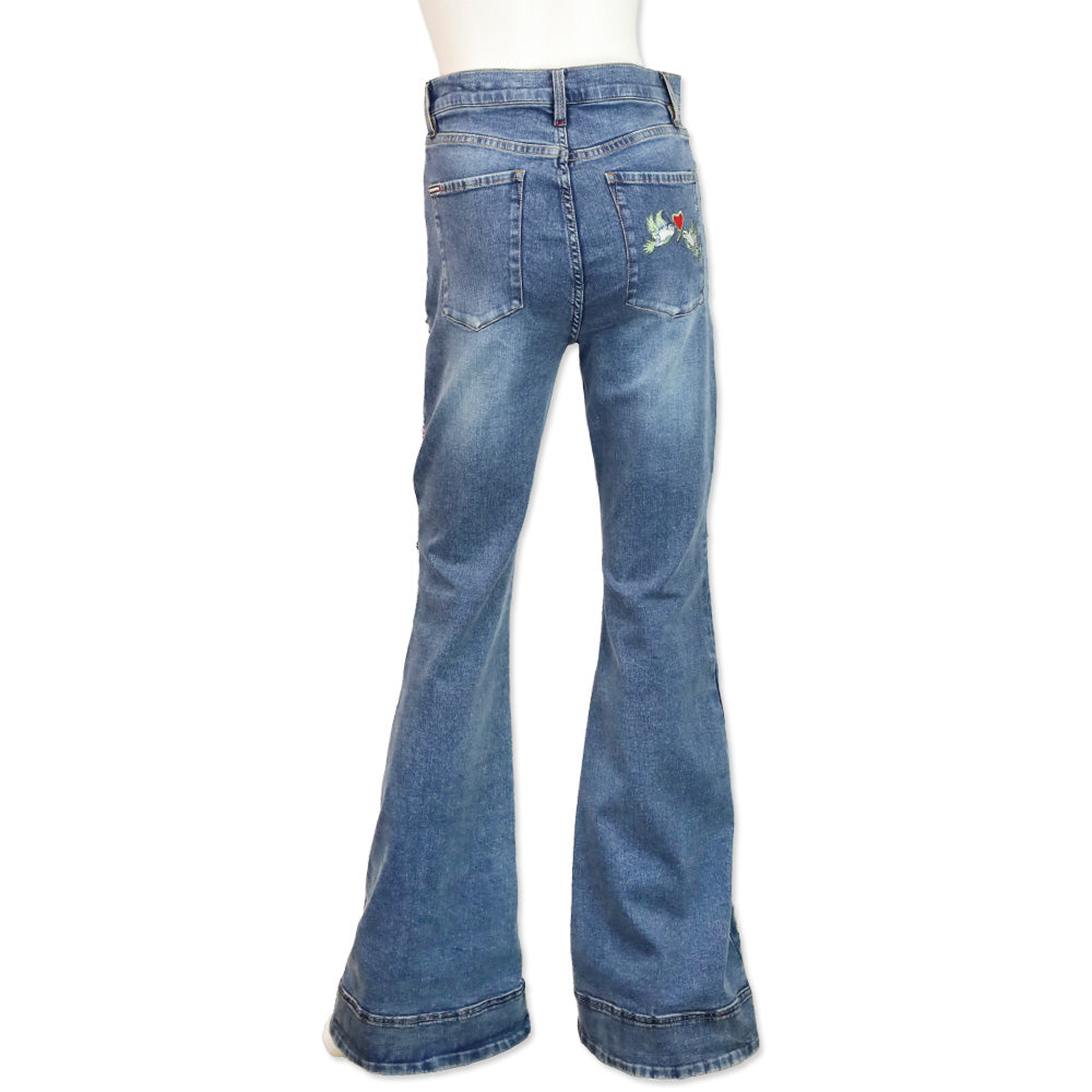 Alice + Olivia Indigo Nights/Multi Paisley Embroidered & Studded Bell Bottom Jeans