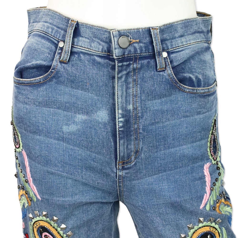 Alice + Olivia Indigo Nights/Multi Paisley Embroidered & Studded Bell Bottom Jeans