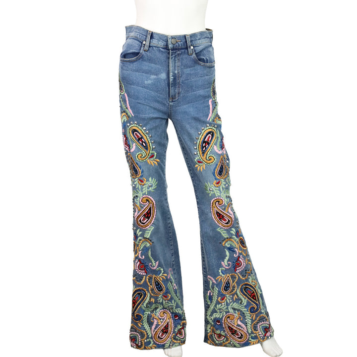 Alice + Olivia Indigo Nights/Multi Paisley Embroidered & Studded Bell Bottom Jeans