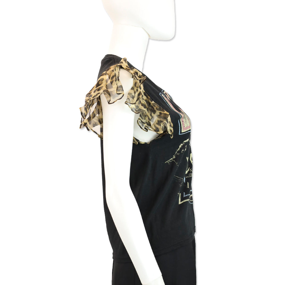 Alice + Olivia Jeans Miller Boyfriend KISS Tank With Leopard Ruffle Sleeves