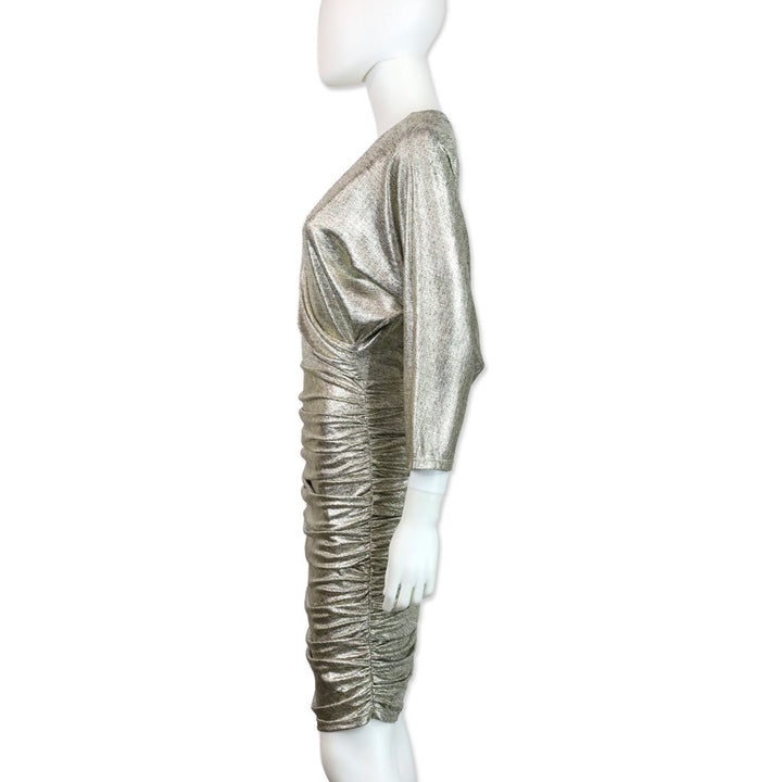 Alice + Olivia Metallic Gold Wrap Ruched Midi Dress
