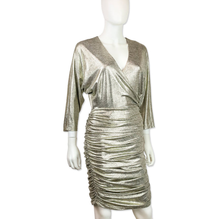 Alice + Olivia Metallic Gold Wrap Ruched Midi Dress