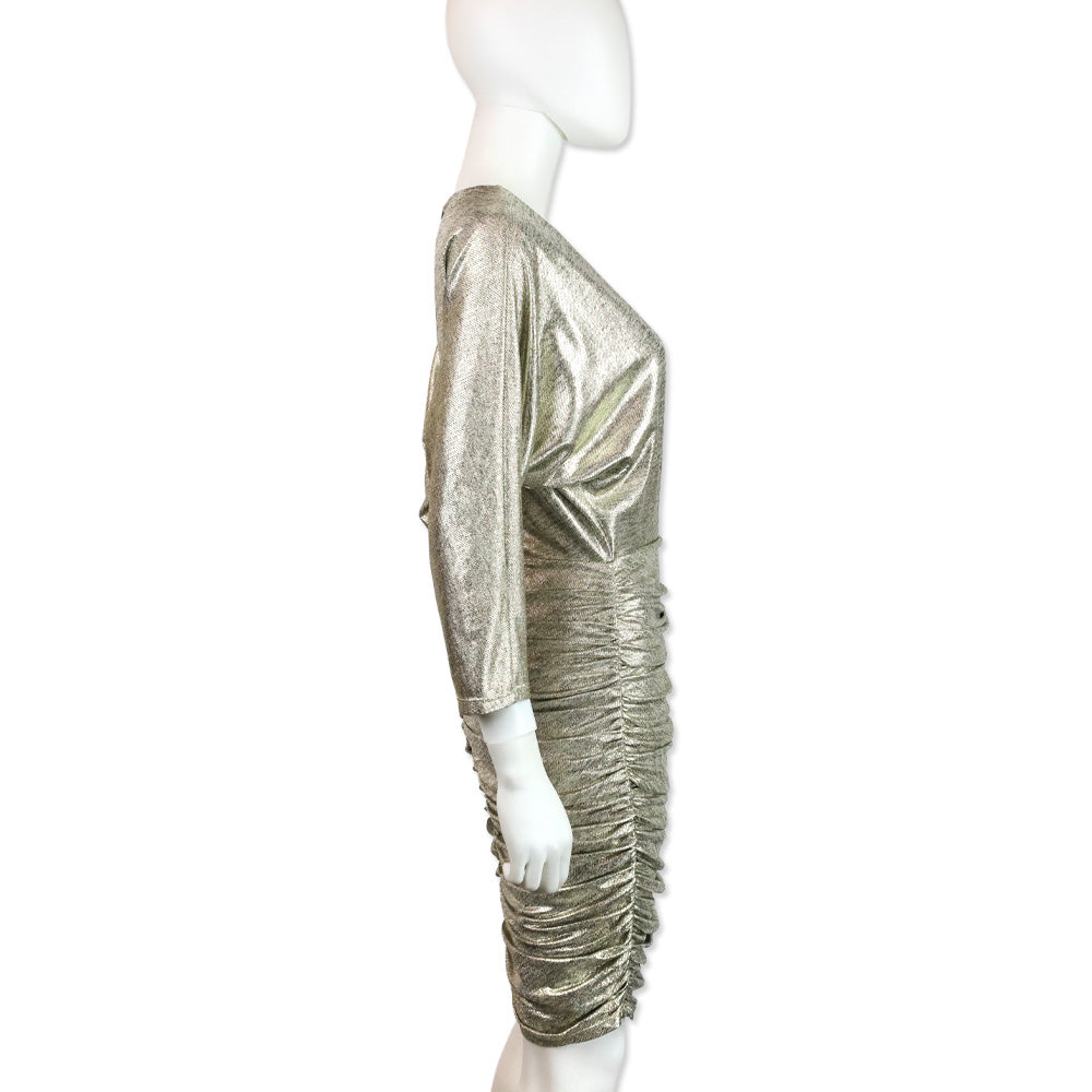 Alice + Olivia Metallic Gold Wrap Ruched Midi Dress